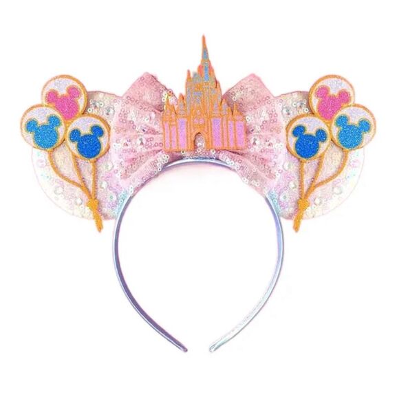 Disney Castle Minnie Mickey Mouse Ear Headband with Sequin Pink Bow NEW - Picture 2 of 3